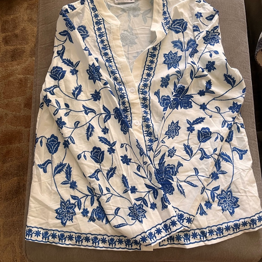 Elegant Blue and White 3/4 Sleeve Graphic Blouse